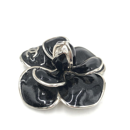 Chanel Black Enamel Flower Brooch With Silver-Tone