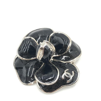 Chanel Black Enamel Flower Brooch With Silver-Tone