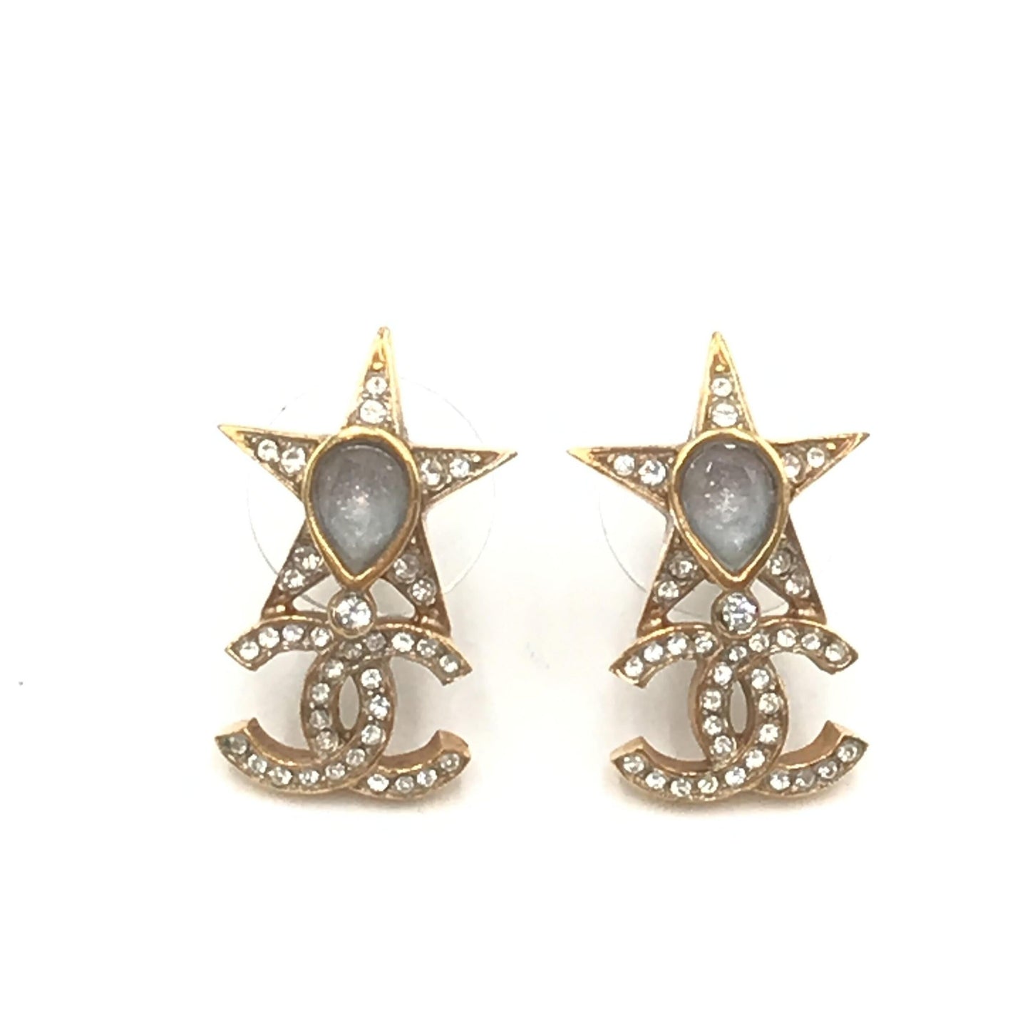 Chanel Gold Plated Star Coco Mark Earrings With Rhinestones