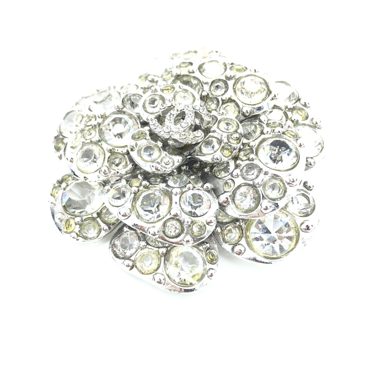 Chanel Silver Crystal Camellia Flower Brooch