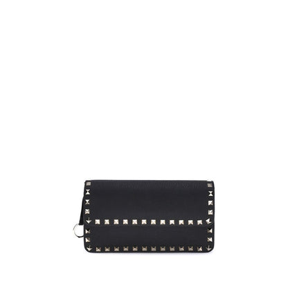 Valentino Garavani Rockstud Hammered Leather Wallet on Chain - Black [SS26]