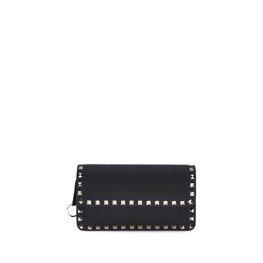 Valentino Garavani Rockstud Hammered Leather Wallet on Chain - Black [SS26]