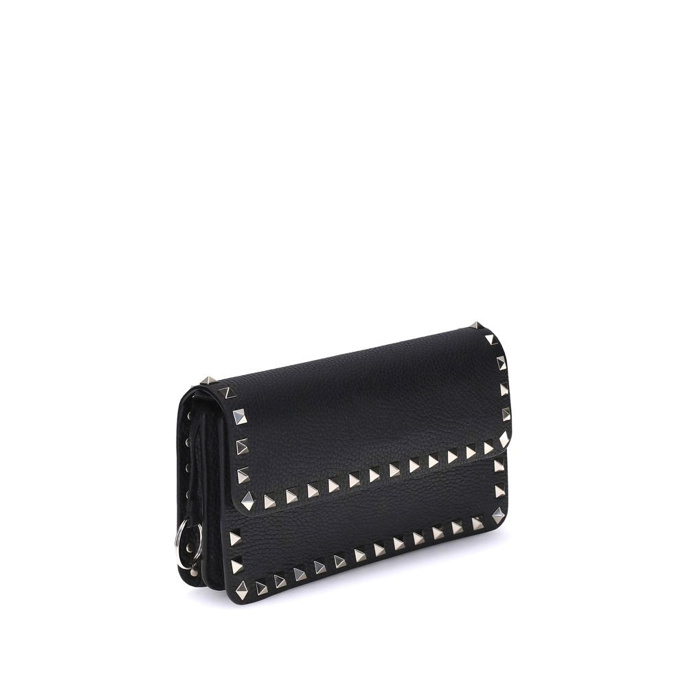 Valentino Garavani Rockstud Hammered Leather Wallet on Chain - Black [SS26]