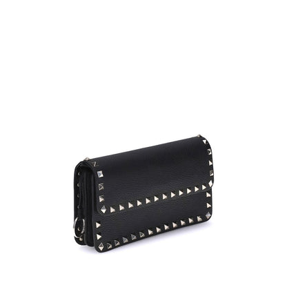 Valentino Garavani Rockstud Hammered Leather Wallet on Chain - Black [SS26]