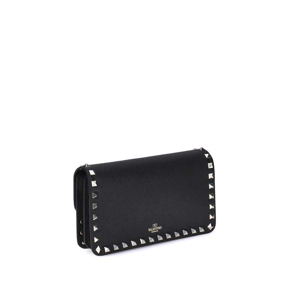 Valentino Garavani Rockstud Hammered Leather Wallet on Chain - Black [SS26]