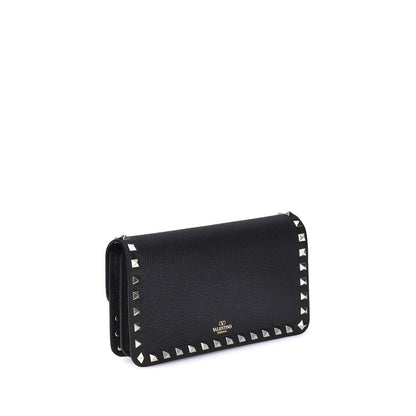 Valentino Garavani Rockstud Hammered Leather Wallet on Chain - Black [SS26]