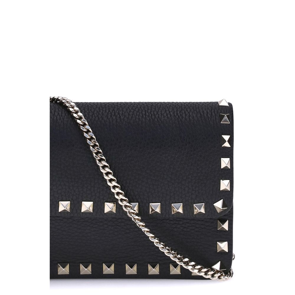 Valentino Garavani Rockstud Hammered Leather Wallet on Chain - Black [SS26]