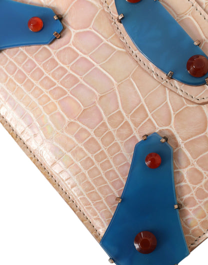 Balenciaga Beige Blue Agate Exotic Leather Gold Chain Purse Bag