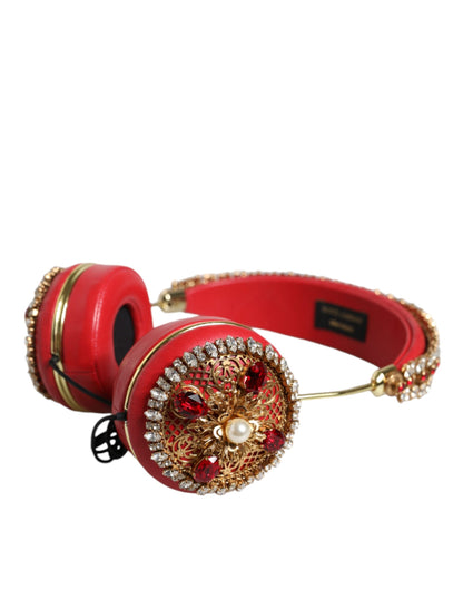 Dolce & Gabbana Red Nappa Leather Floral Crystal HeadphoneDolce & Gabbana Red Nappa Leather Floral Crystal Headphones – [ALTA MODA ARCHIVE]