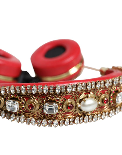 Dolce & Gabbana Red Nappa Leather Floral Crystal HeadphoneDolce & Gabbana Red Nappa Leather Floral Crystal Headphones – [ALTA MODA ARCHIVE]