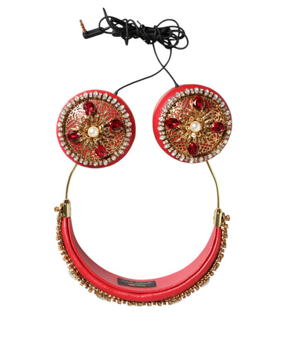 Dolce & Gabbana Red Nappa Leather Floral Crystal HeadphoneDolce & Gabbana Red Nappa Leather Floral Crystal Headphones – [ALTA MODA ARCHIVE]