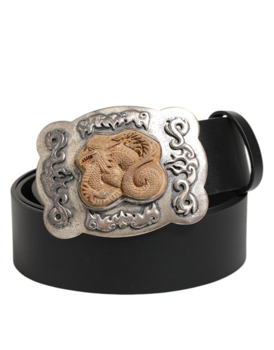 Dolce & Gabbana Men's Black Leather Gothic Dragon Buckle Belt [SS26]