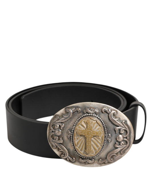 Dolce & Gabbana Men's Black Leather Ornate Cross Buckle Belt [SS26]