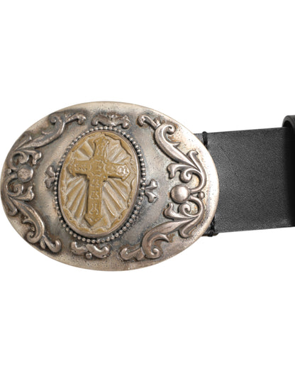 Dolce & Gabbana Men's Black Leather Ornate Cross Buckle Belt [SS26]