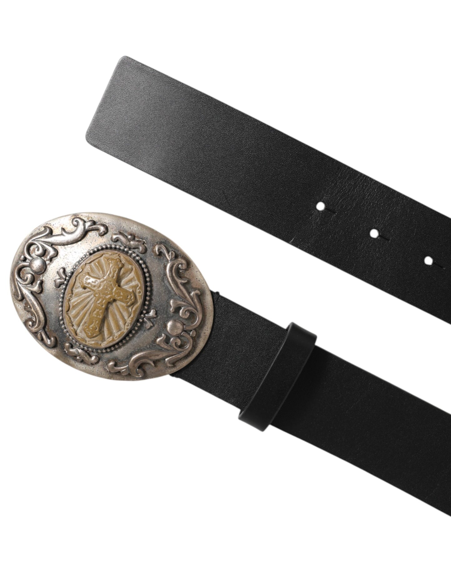 Dolce & Gabbana Men's Black Leather Ornate Cross Buckle Belt [SS26]